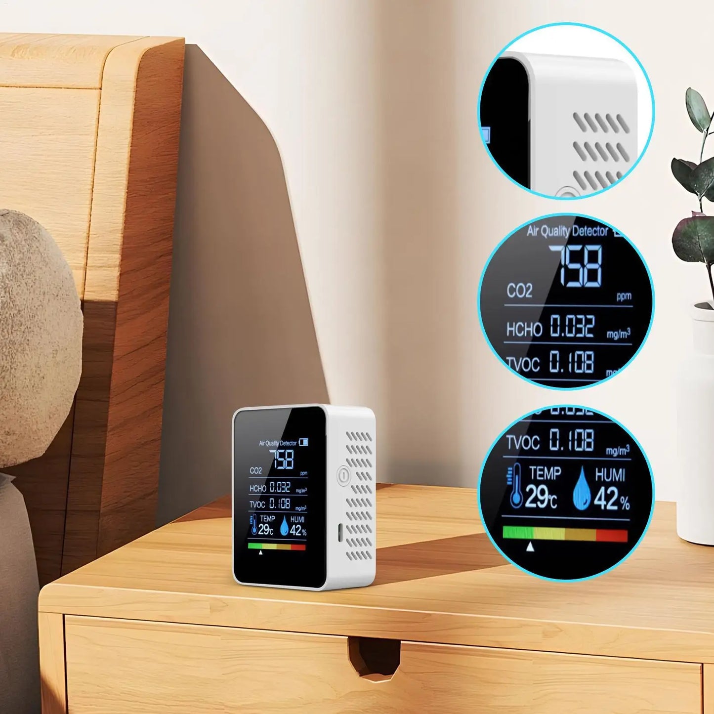 Smart Air Quality Monitor for Home - Real-Time Detection of CO2, Temperature & Humidity - for Bedroom, Living Room, Car, Office